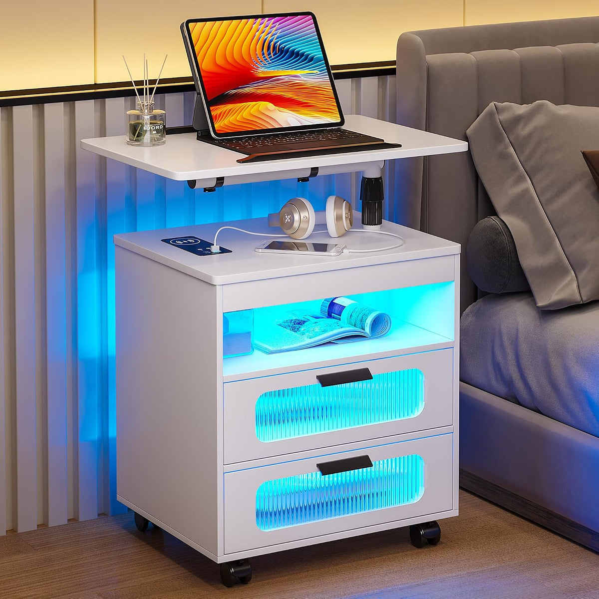 Smart LED Nightstand with Wireless Charging Station – Mobile Bedside Table with 360° Rotary Swivel Desk & Motion Sensor Light