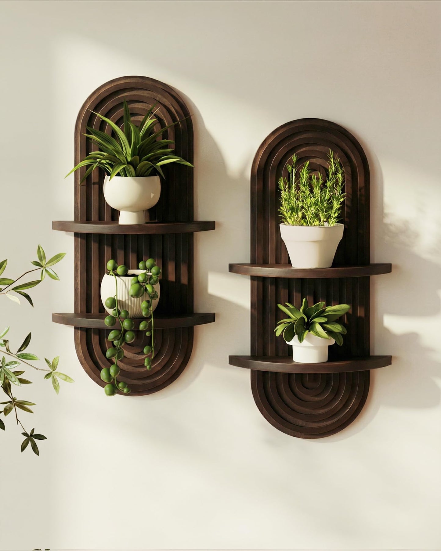Bamworld Boho Wall Decor Brown Plant Wall Shelf Mid Century Modern Decor Hanging Plant Shelf 16.7in 2 Tier Wooden Floating Shelves for Home Bathroom Bedroom Living Room Office Holding Planter