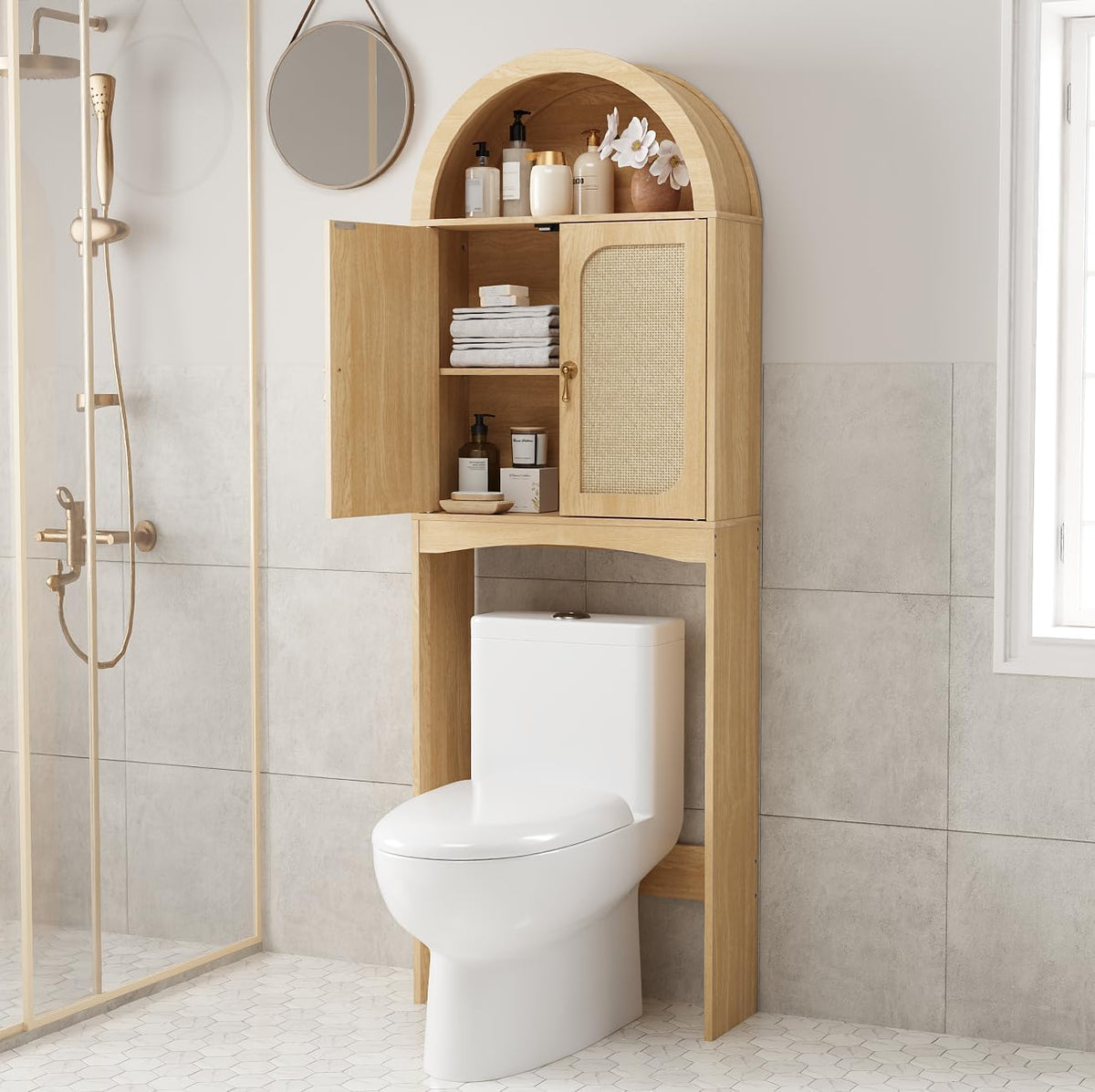 Natural Arched Rattan Over-the-Toilet Cabinet – Vertical Bathroom Space Saver with Storage Doors