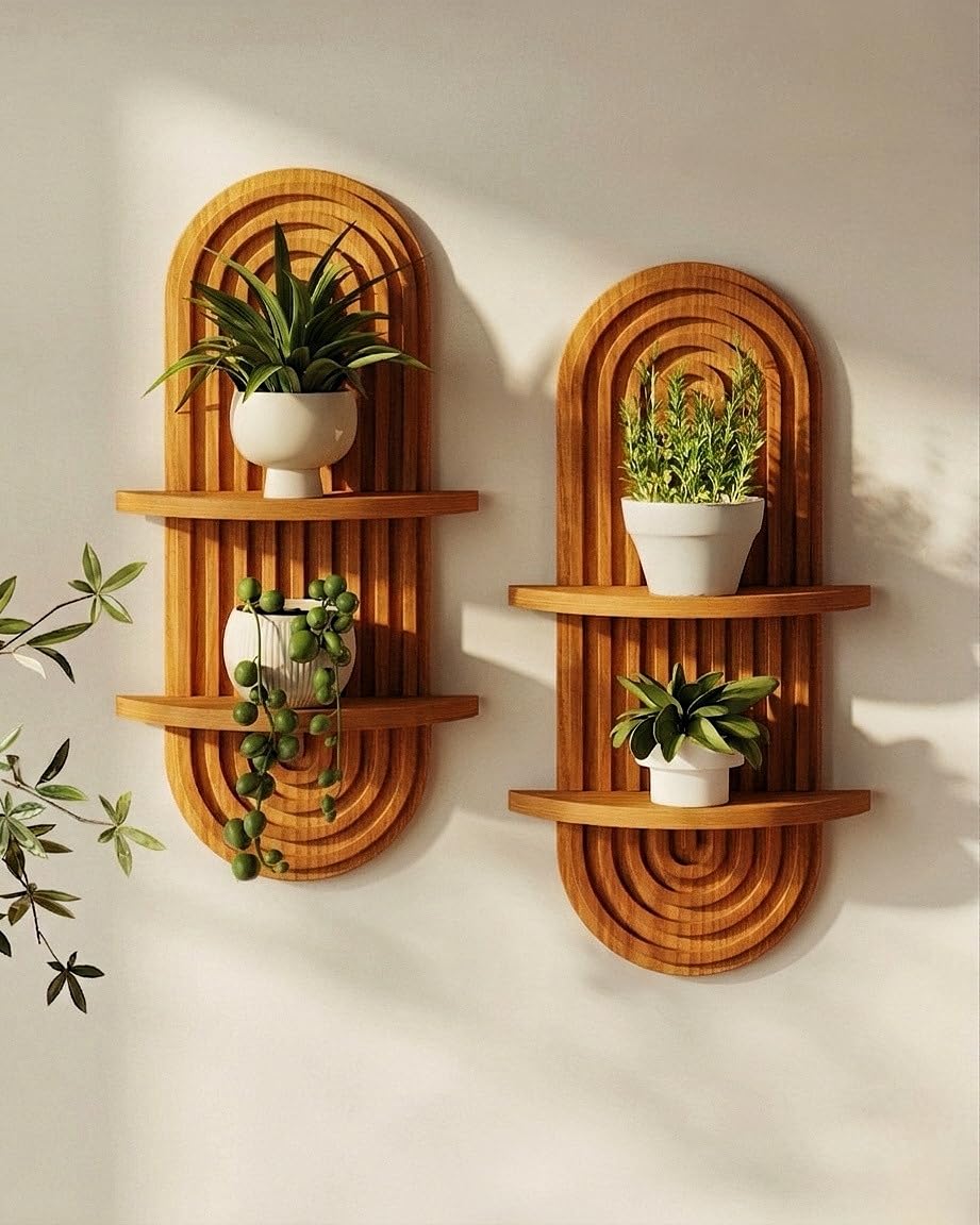 Bamworld Boho Wall Decor Brown Plant Wall Shelf Mid Century Modern Decor Hanging Plant Shelf 16.7in 2 Tier Wooden Floating Shelves for Home Bathroom Bedroom Living Room Office Holding Planter