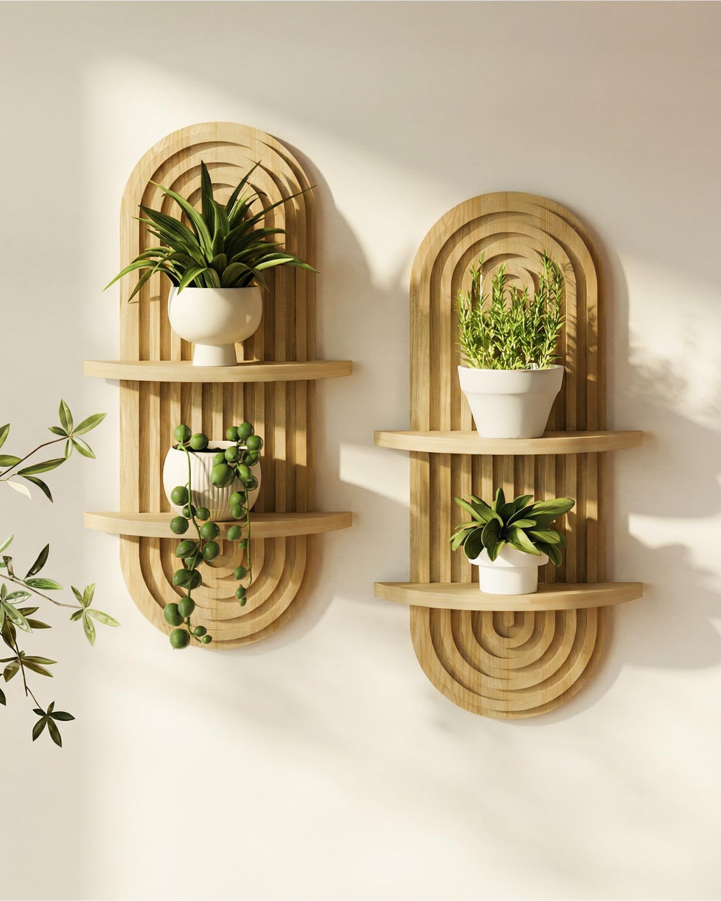 Bamworld Boho Wall Decor Brown Plant Wall Shelf Mid Century Modern Decor Hanging Plant Shelf 16.7in 2 Tier Wooden Floating Shelves for Home Bathroom Bedroom Living Room Office Holding Planter