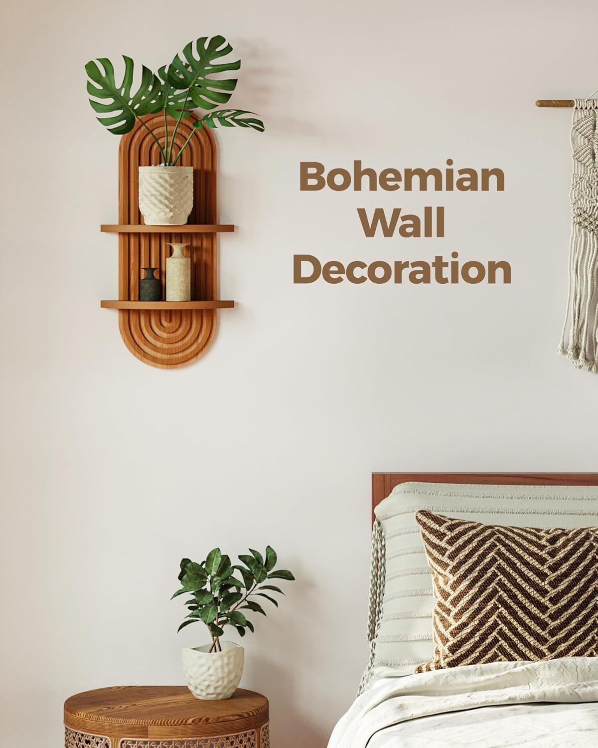 Bamworld Boho Wall Decor Brown Plant Wall Shelf Mid Century Modern Decor Hanging Plant Shelf 16.7in 2 Tier Wooden Floating Shelves for Home Bathroom Bedroom Living Room Office Holding Planter