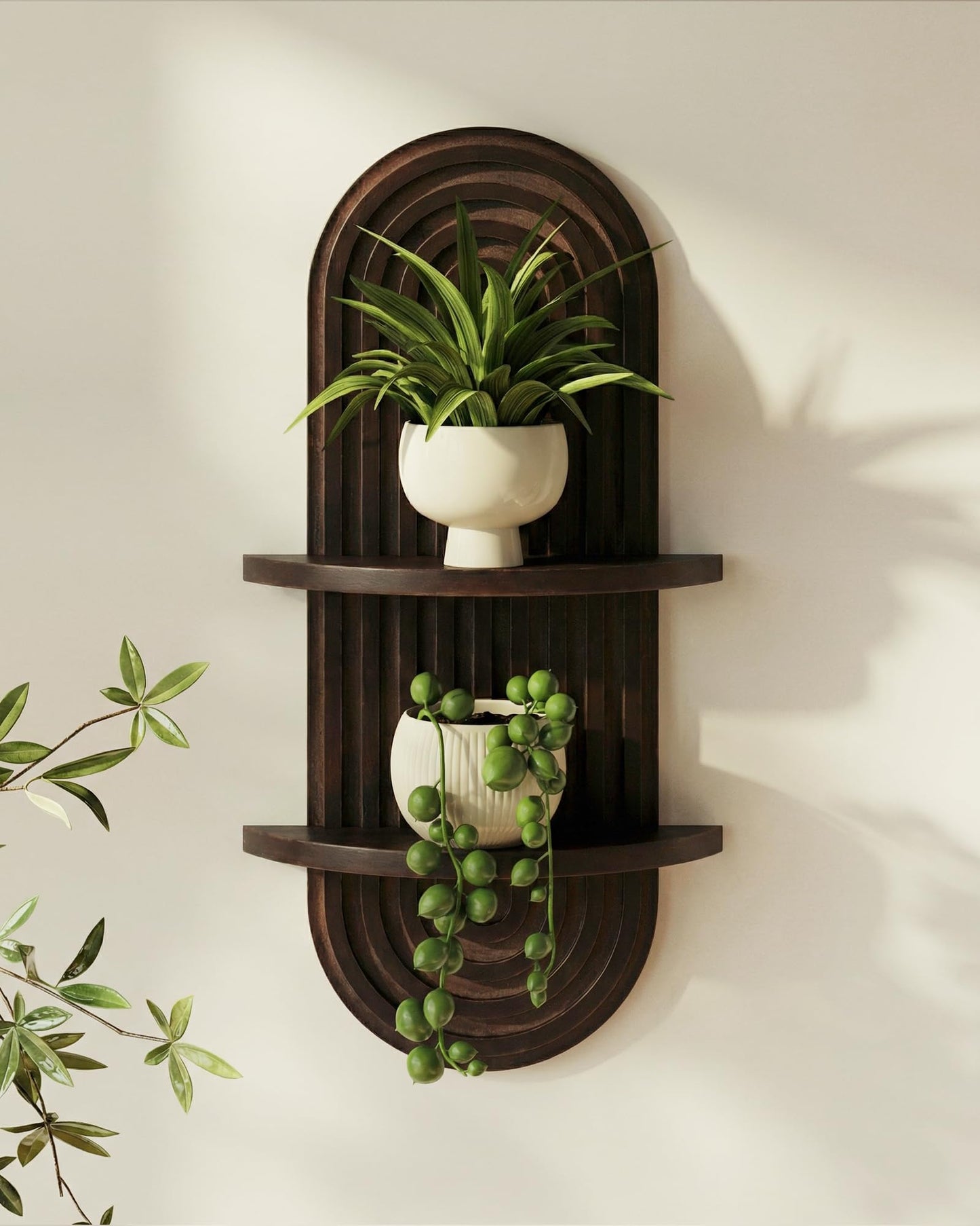 Bamworld Boho Wall Decor Brown Plant Wall Shelf Mid Century Modern Decor Hanging Plant Shelf 16.7in 2 Tier Wooden Floating Shelves for Home Bathroom Bedroom Living Room Office Holding Planter