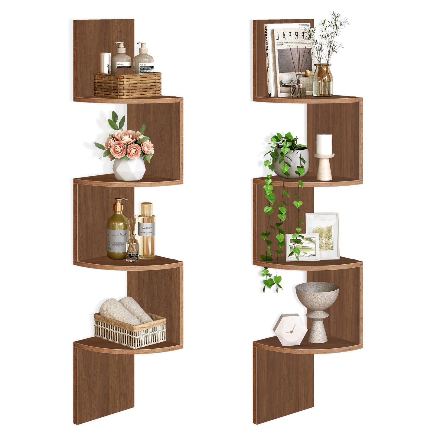 HOOBRO Corner Shelf Wall-Mounted, Set of 2 Floating Corner Shelves for Wall, 4-Tier Corner Bookshelves for Living Room, Bedroom, Bathroom, Home Office, Rustic Brown BF25BJP201