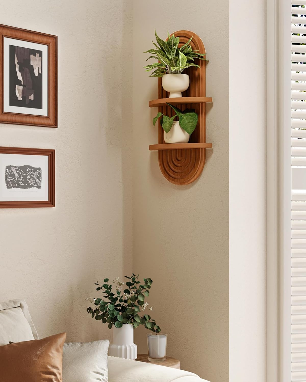 Bamworld Boho Wall Decor Brown Plant Wall Shelf Mid Century Modern Decor Hanging Plant Shelf 16.7in 2 Tier Wooden Floating Shelves for Home Bathroom Bedroom Living Room Office Holding Planter