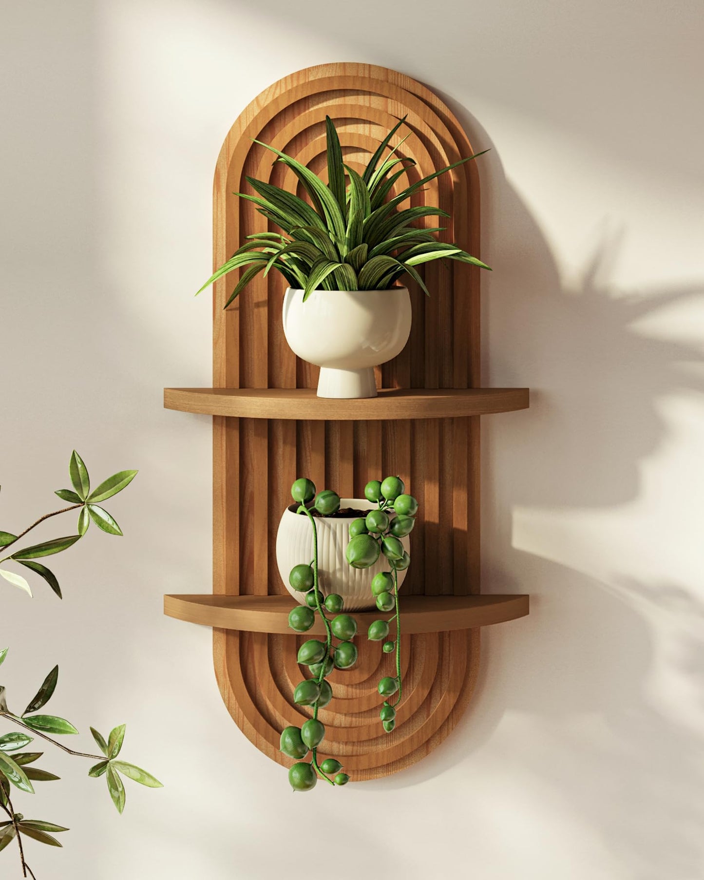 Bamworld Boho Wall Decor Brown Plant Wall Shelf Mid Century Modern Decor Hanging Plant Shelf 16.7in 2 Tier Wooden Floating Shelves for Home Bathroom Bedroom Living Room Office Holding Planter
