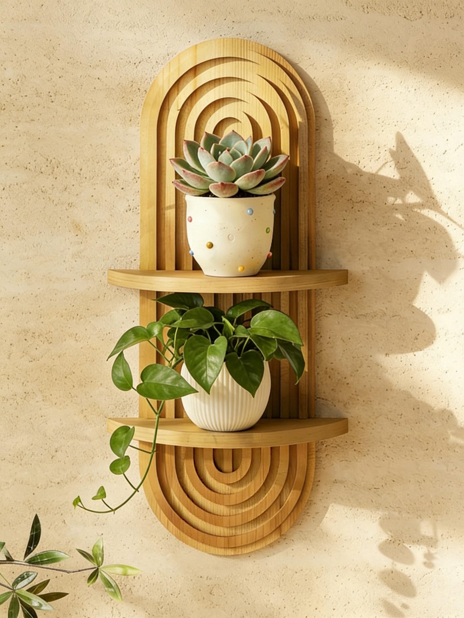 Bamworld Boho Wall Decor Brown Plant Wall Shelf Mid Century Modern Decor Hanging Plant Shelf 16.7in 2 Tier Wooden Floating Shelves for Home Bathroom Bedroom Living Room Office Holding Planter